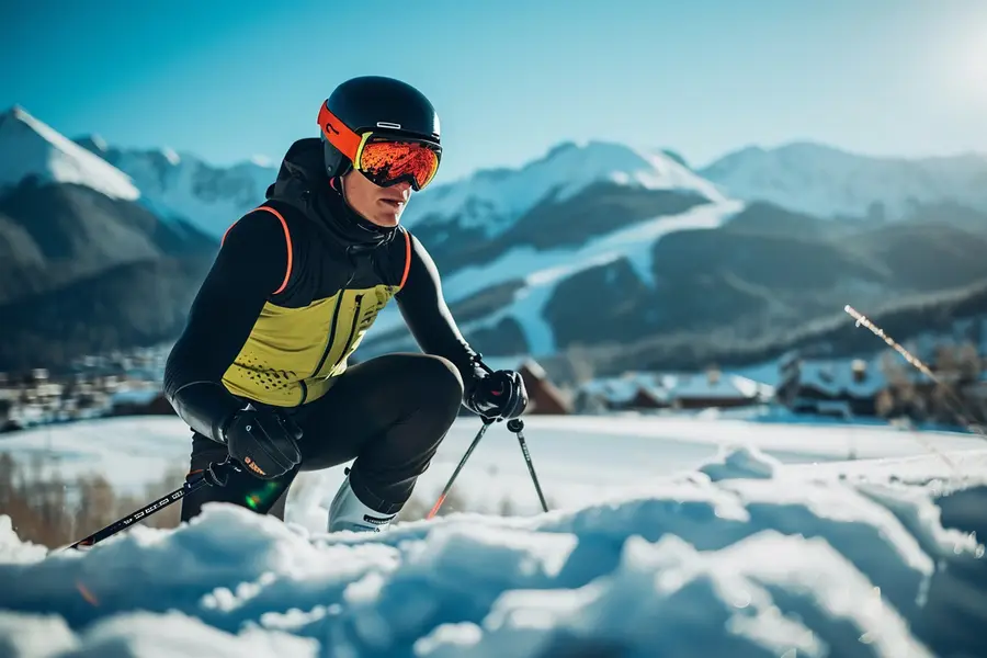 Skieur s’entraînant en fente et gainage avant une saison de ski