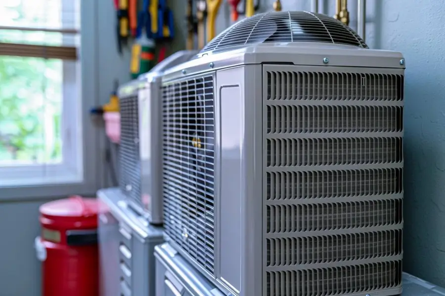 Technicien contrôlant une unité extérieure de climatisation dans un jardin français