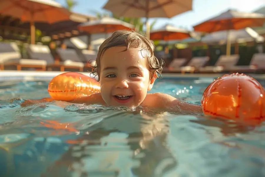 Enfant avec lunettes suivant un cours de natation en piscine couverte