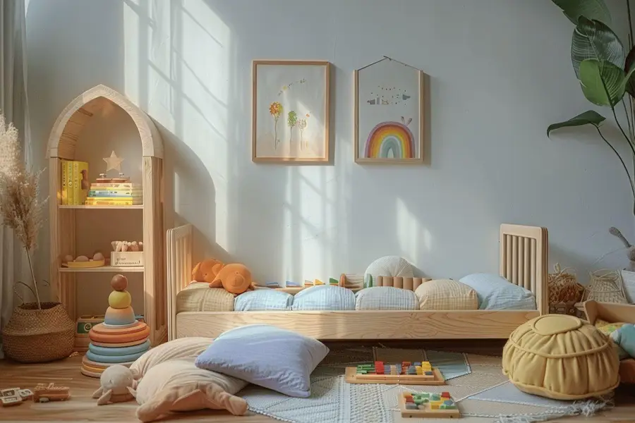 Lit bas en bois clair dans une chambre d’enfant sécurisée
