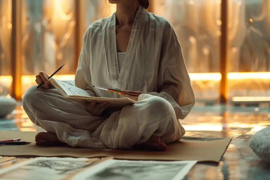 Mains dessinant lentement des motifs au crayon sur une feuille blanche