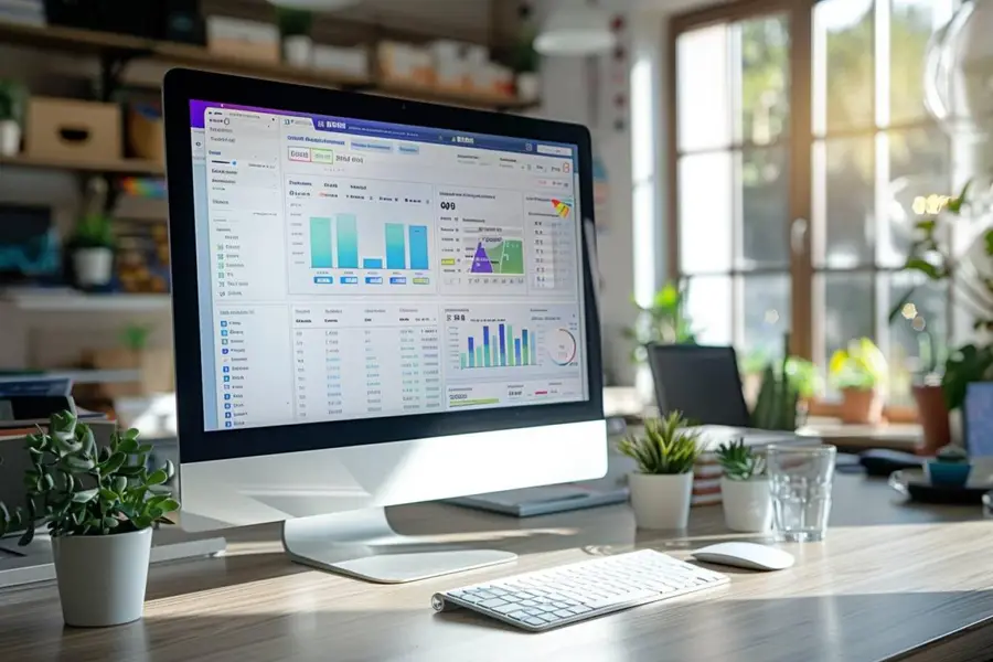 Commerçante analysant ventes et stocks sur ordinateur portable