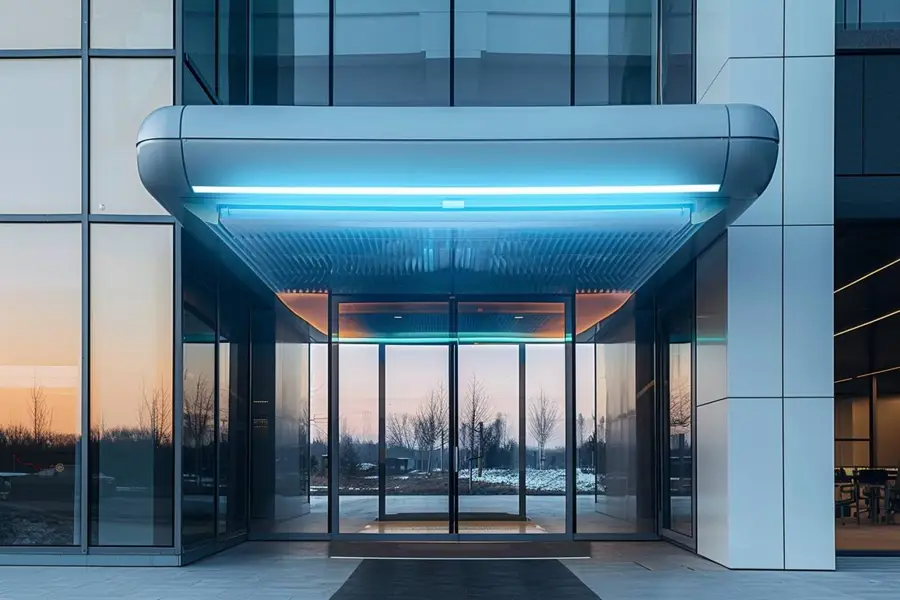 Entrée de magasin équipée d’un rideau d’air chaud discret