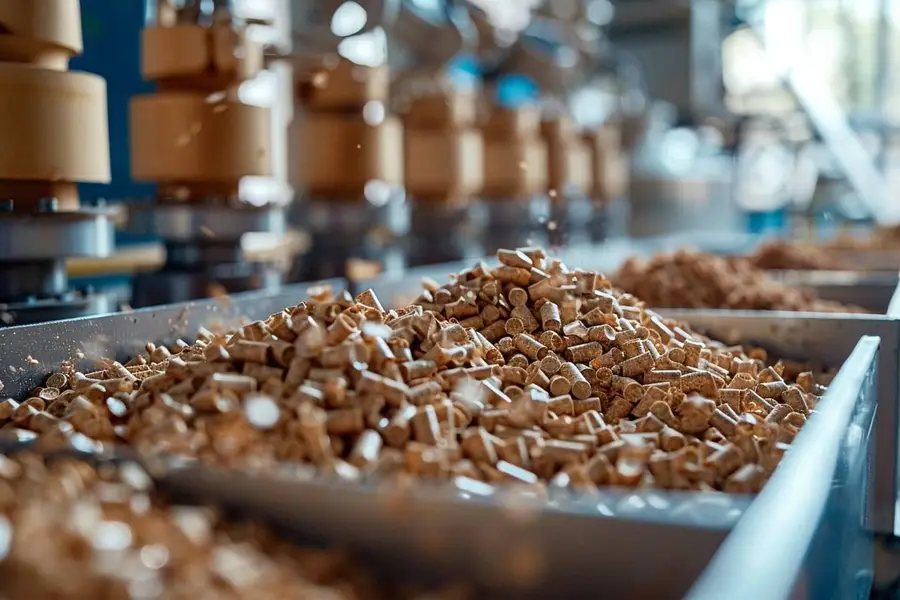 Sacs de granulés de bois secs rangés sur palettes dans un garage