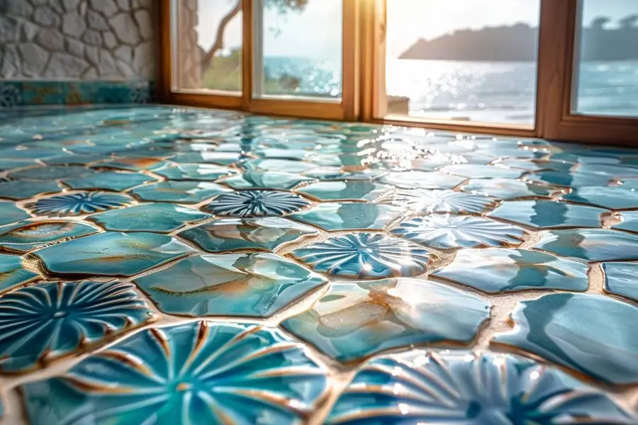 Terrasse de villa côtière en grès cérame clair face à la mer