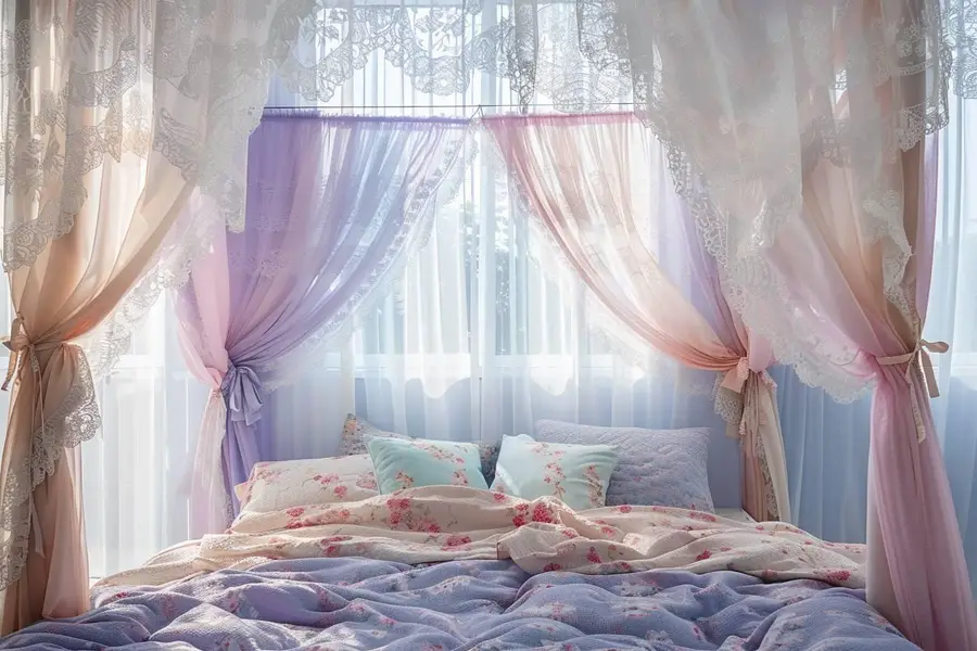 Ciel de lit vert sauge dans une chambre lumineuse et naturelle