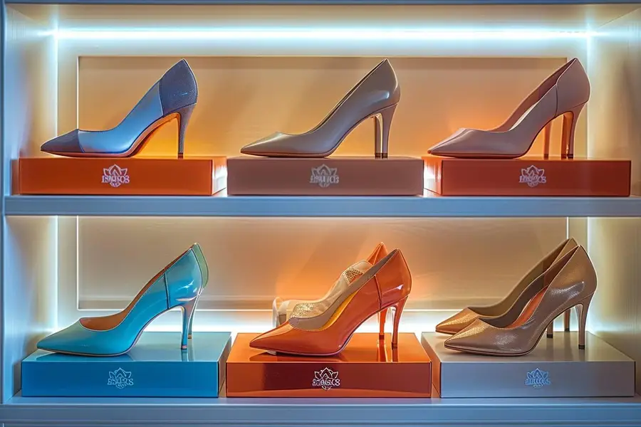 Paire d’escarpins en cuir essayée devant un miroir dans un salon