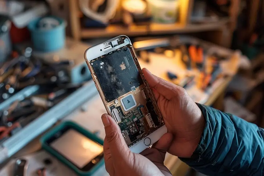 Réparation minutieuse d’un smartphone sur établi avec outils de précision