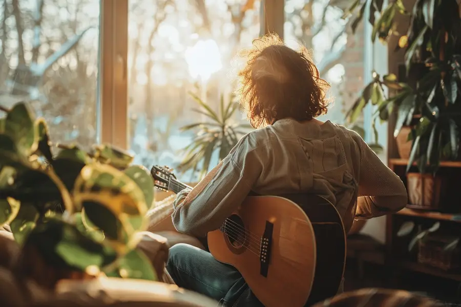 Personne écoutant une musique douce dans un salon calme au crépuscule