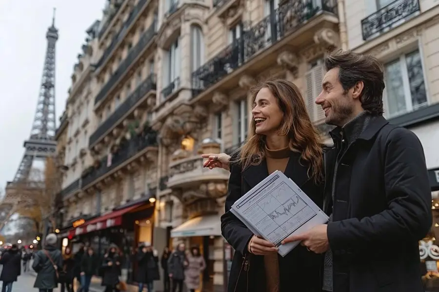 Immeubles parisiens et panneaux d’annonces de location près d’un métro