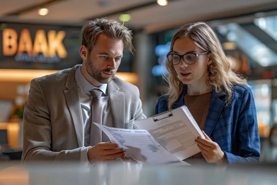 Couple consultant un échéancier de prêt avec calculatrice sur table