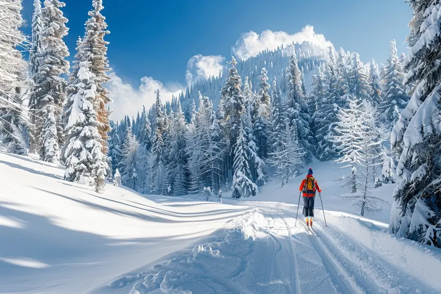 Skieur de fond sur une piste damée dans une forêt enneigée