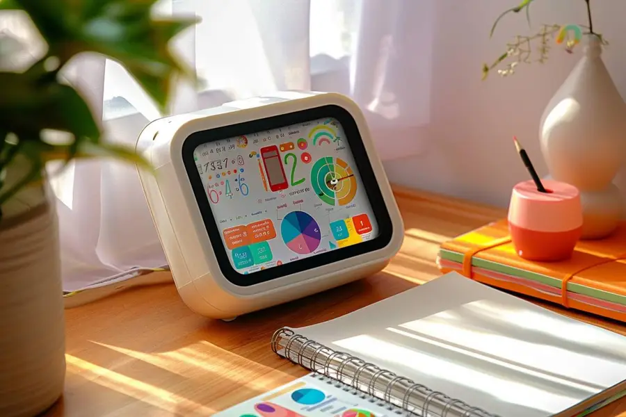 Réveil éducatif lumineux sur table de chevet dans une chambre d’enfant