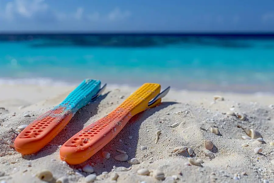 Paires de tongs en matériaux variés posées sur une plage française