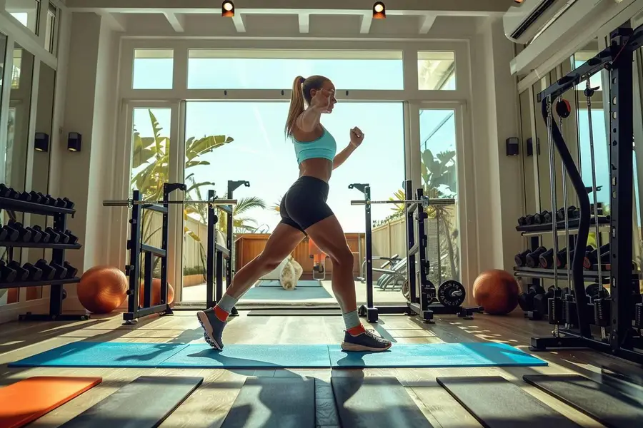 Personne suivant une séance HIIT sans saut dans un salon lumineux