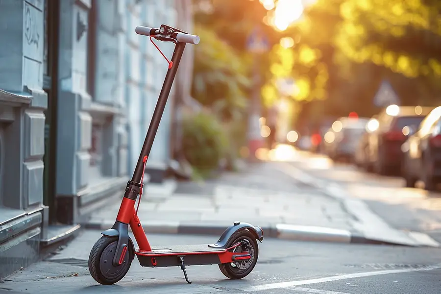 Trottinette électrique pliée près d’une piste cyclable urbaine française