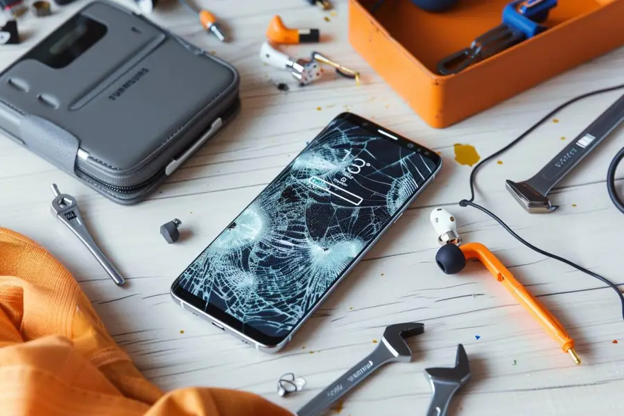 Smartphone Samsung posé près d’un câble de charge et d’outils de diagnostic