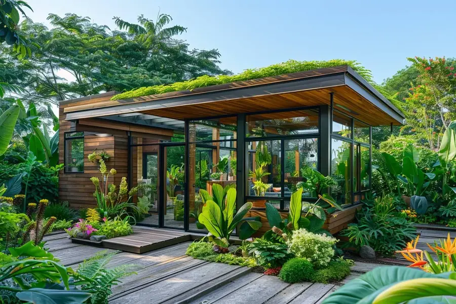 Abri de jardin moderne en bois dans un jardin français aménagé