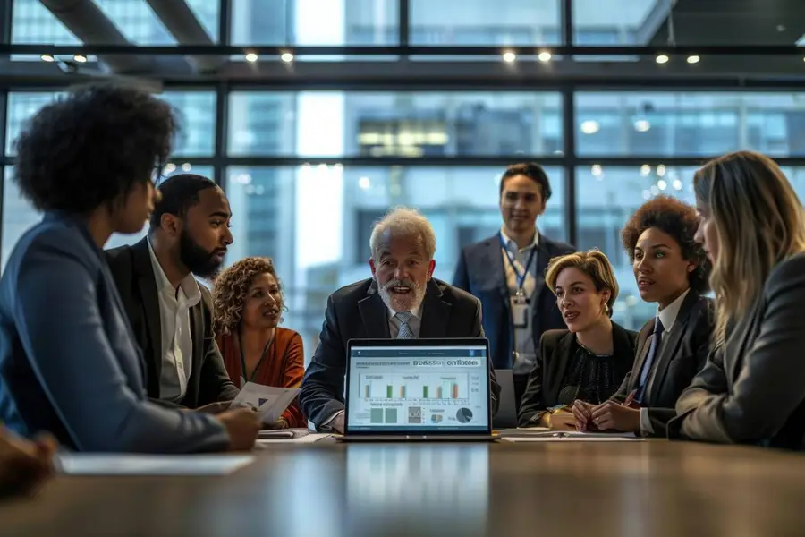 Réunion de travail autour d’une présentation PowerPoint sur ordinateur portable