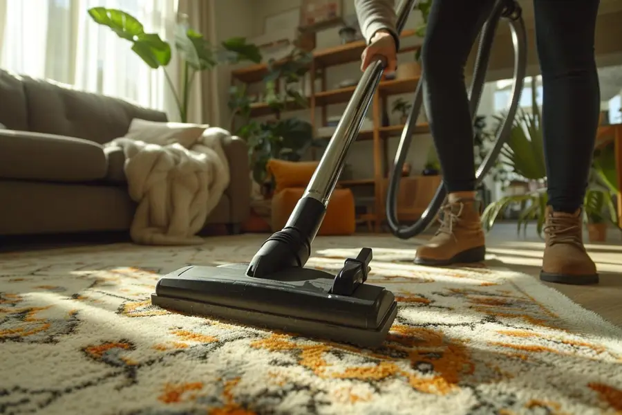 Nettoyage soigneux d’un tapis clair avec une shampouineuse domestique