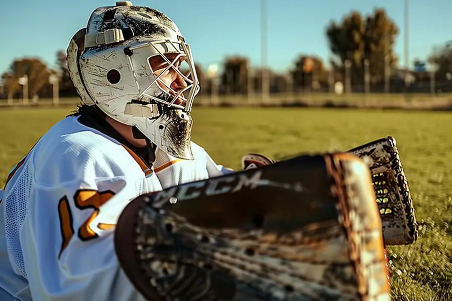 Crosse, protège-tibias et chaussures de hockey au bord d’un terrain synthétique