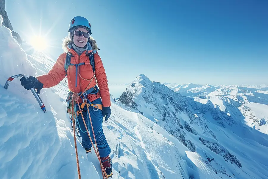 Grimpeurs encordés équipés progressant sur une arête rocheuse enneigée