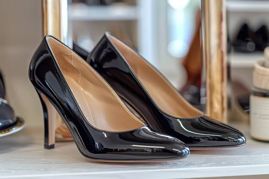 Escarpins souples à bout carré posés sur un parquet clair