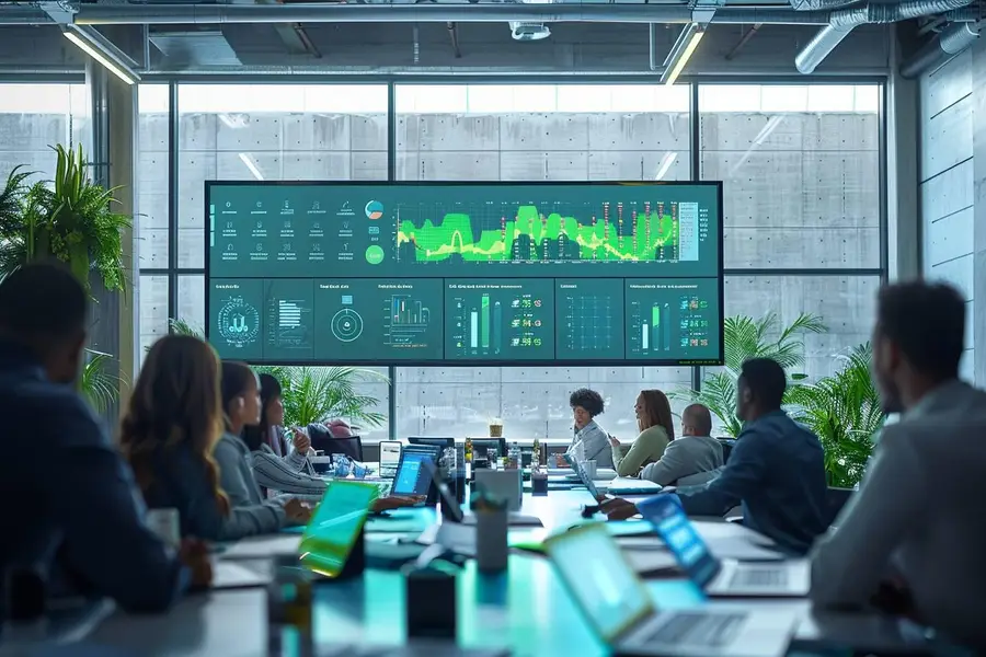 Technicien analysant les consommations énergétiques dans un immeuble de bureaux