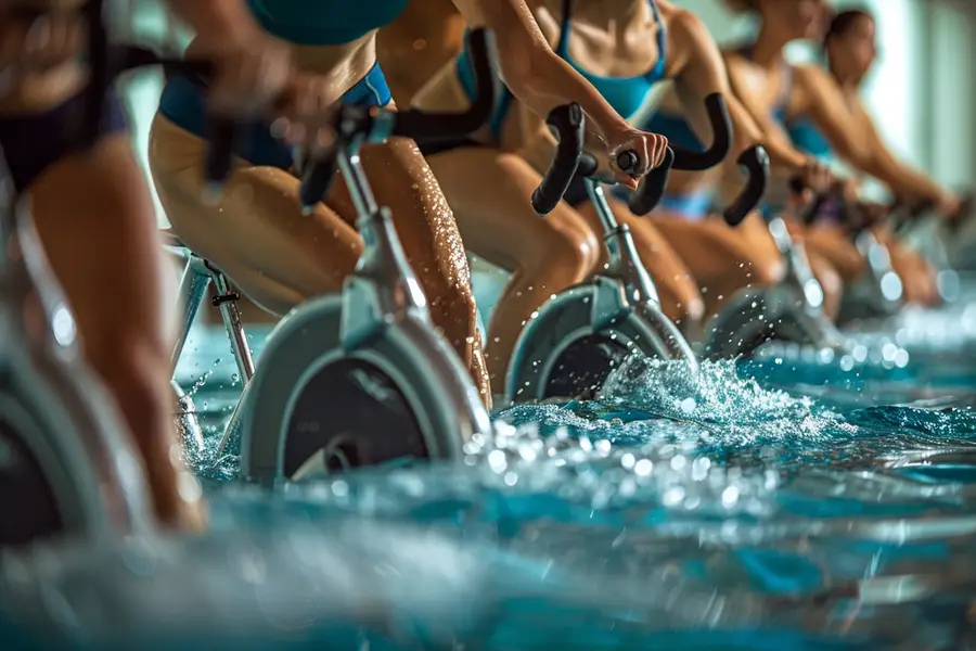Participant pédalant sur un vélo immergé dans une piscine intérieure