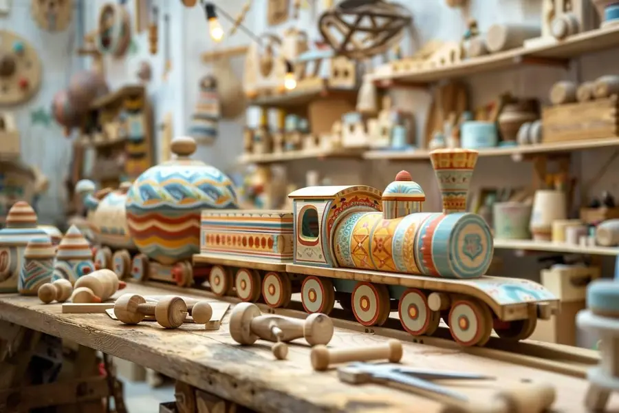 Enfant jouant avec des blocs en bois artisanaux sur tapis