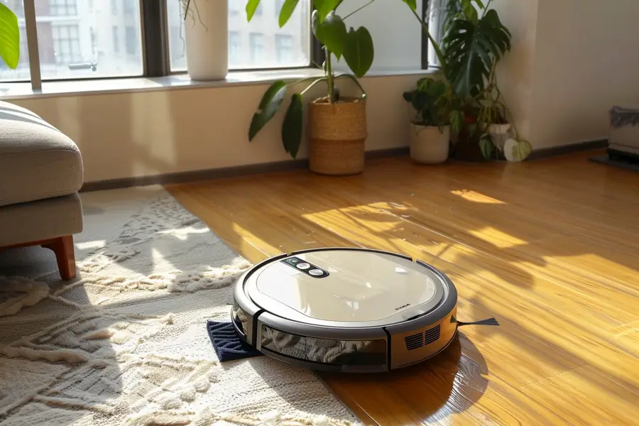Aspirateur laveur nettoyant un sol de cuisine carrelé moderne
