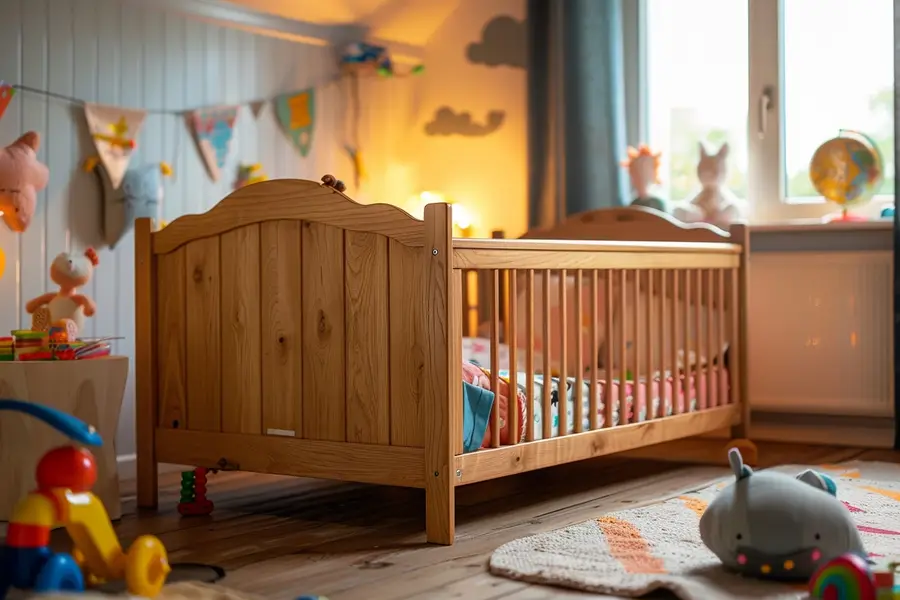 Lit enfant en bois clair dans une chambre lumineuse et sobre