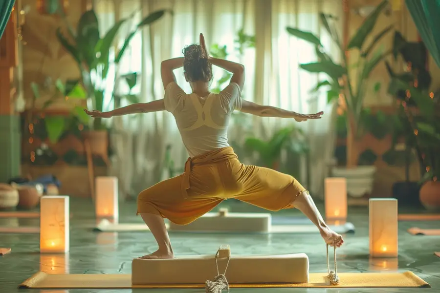 Pratiquante réalisant une posture de yoga avec briques et sangle