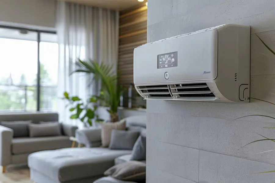 Technicien installant une unité extérieure de climatisation sur une maison française