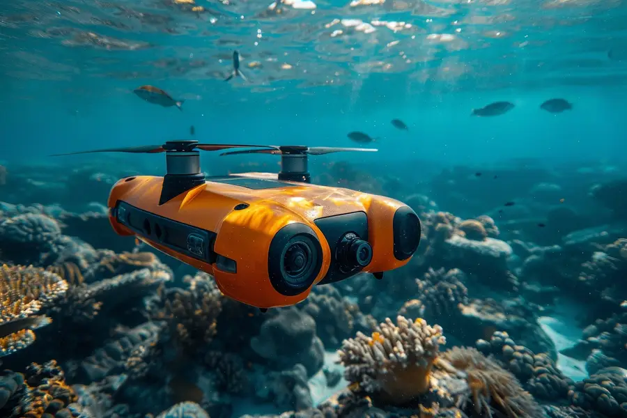 ROV scientifique filmant un récif rocheux avec poissons en Méditerranée française