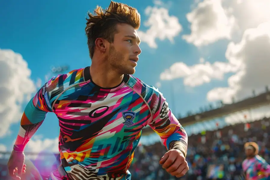 Alignement de maillots de rugby colorés dans un vestiaire français