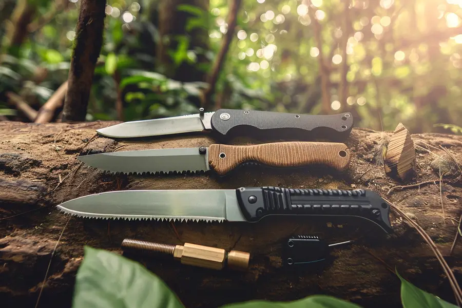 Équipement bushcraft sobre posé près d’une bâche en forêt française
