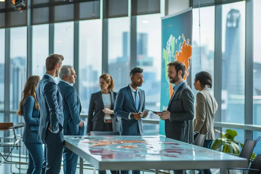 Réunion de travail analysant des secteurs de croissance sur écran