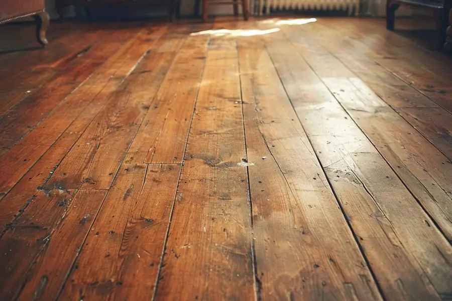 Plancher en bois rayé avec lames légèrement déformées près d’une fenêtre