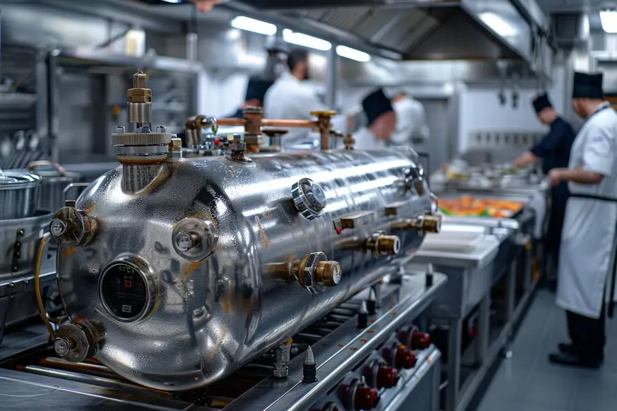 Réseau de tuyauteries et cuves inox dans une usine agroalimentaire