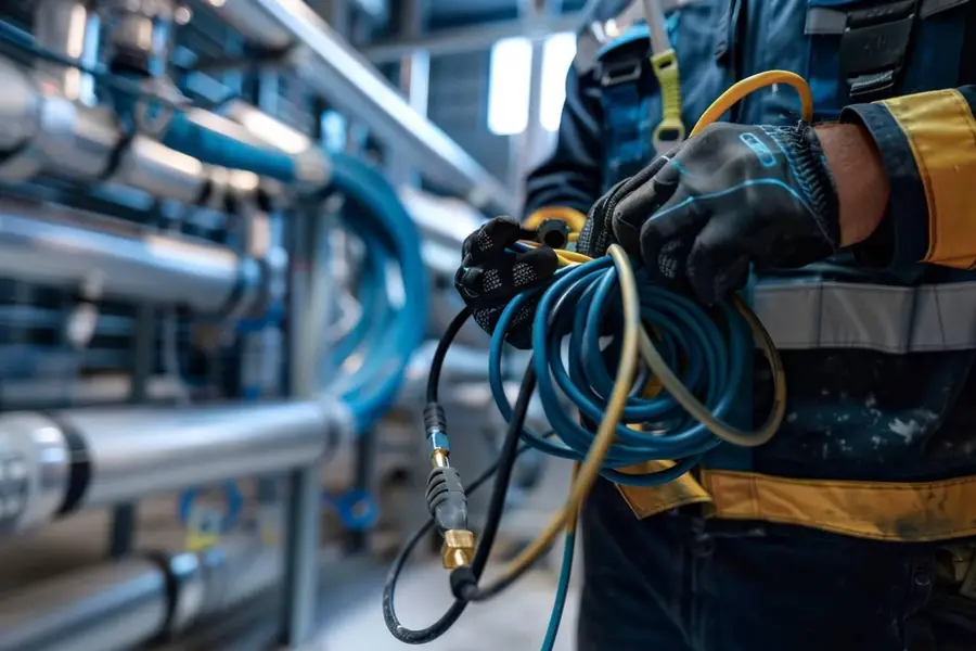 Électricien contrôlant le câblage d’une unité extérieure de thermopompe