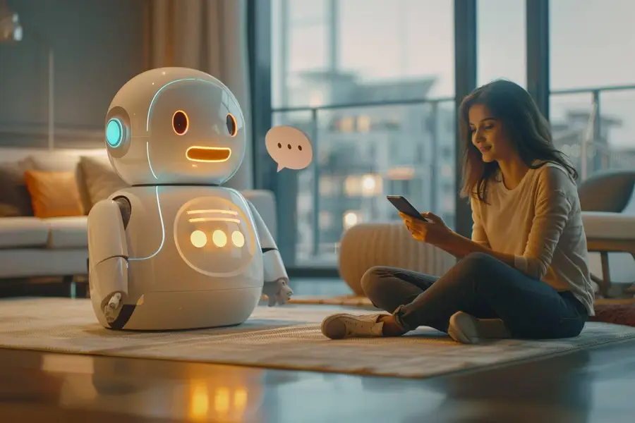 Personne utilisant un chatbot IA sur ordinateur dans un espace de travail