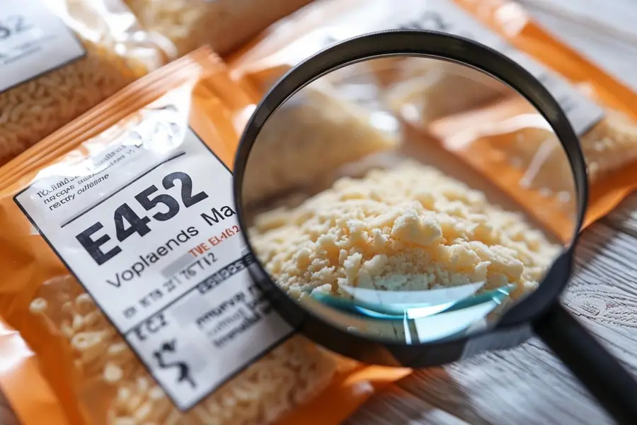 Étiquettes d’aliments transformés montrant la mention additif E452