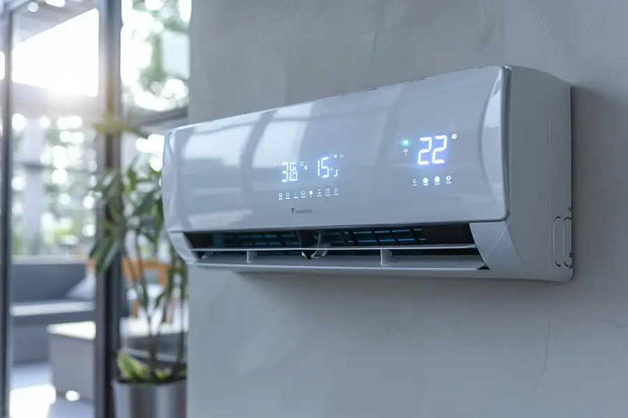 Unité extérieure de climatiseur réversible installée sur une terrasse de maison