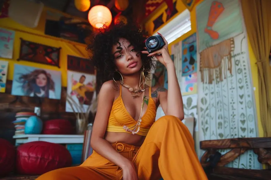 Créatrice de contenu filmant une vidéo dans un studio lumineux