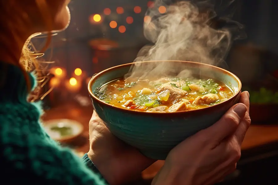 Table d’iftar avec soupe, légumes, pain et dattes partagées
