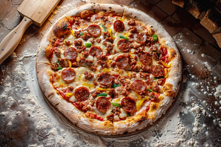 Pizza au chorizo maison fumante sur plaque chaude, mozzarella fondante