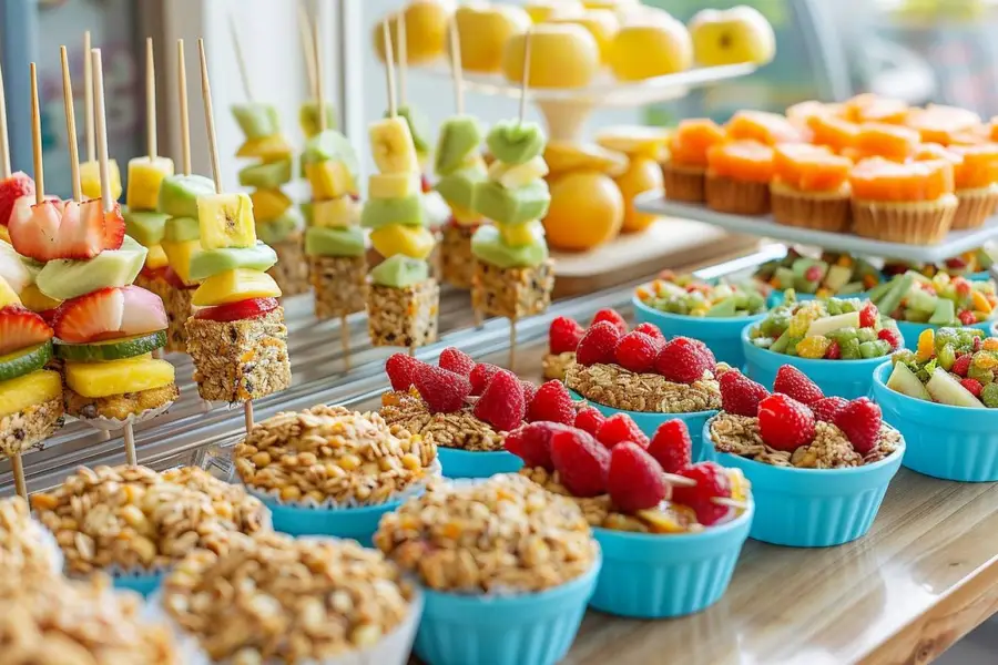 Plateau de goûters maison colorés avec fruits, pancakes et yaourt
