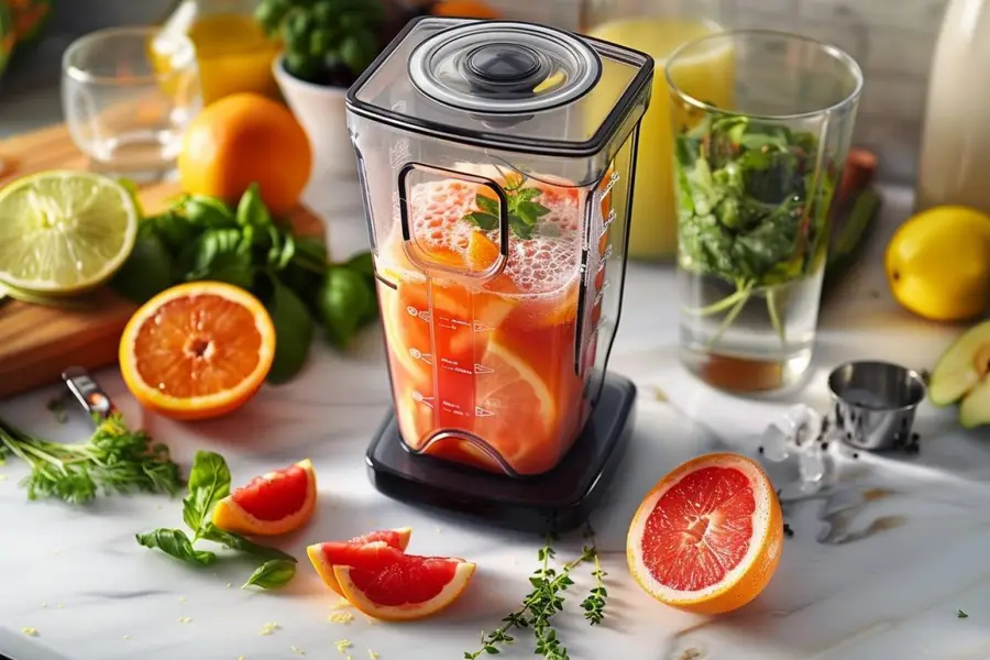 Six boissons maison colorées disposées sur une table de cuisine française
