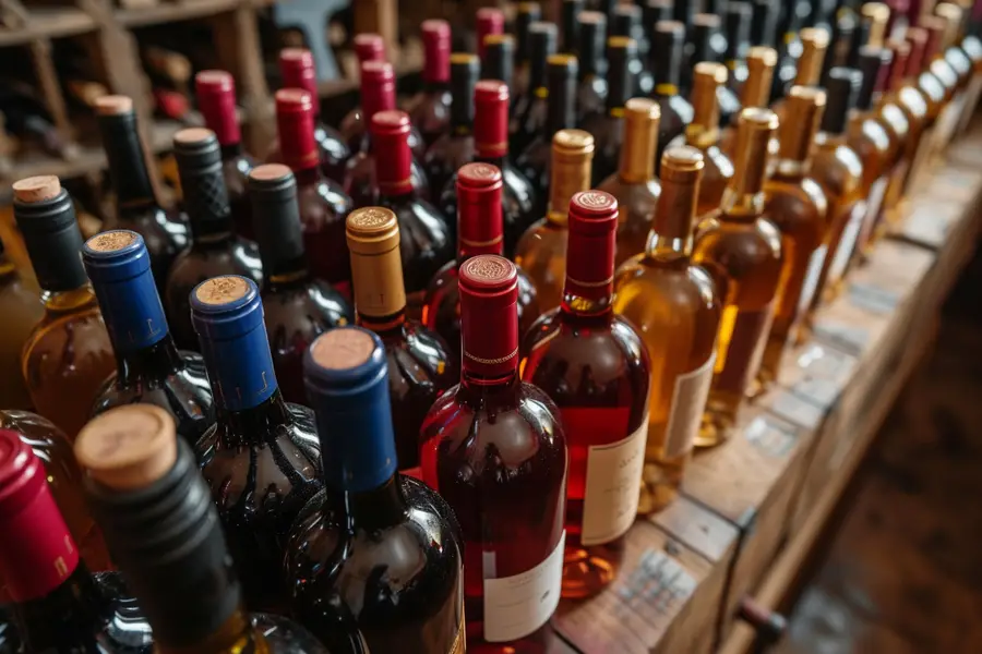 Bouteilles de vin étiquetées dans un rayon de foire aux vins